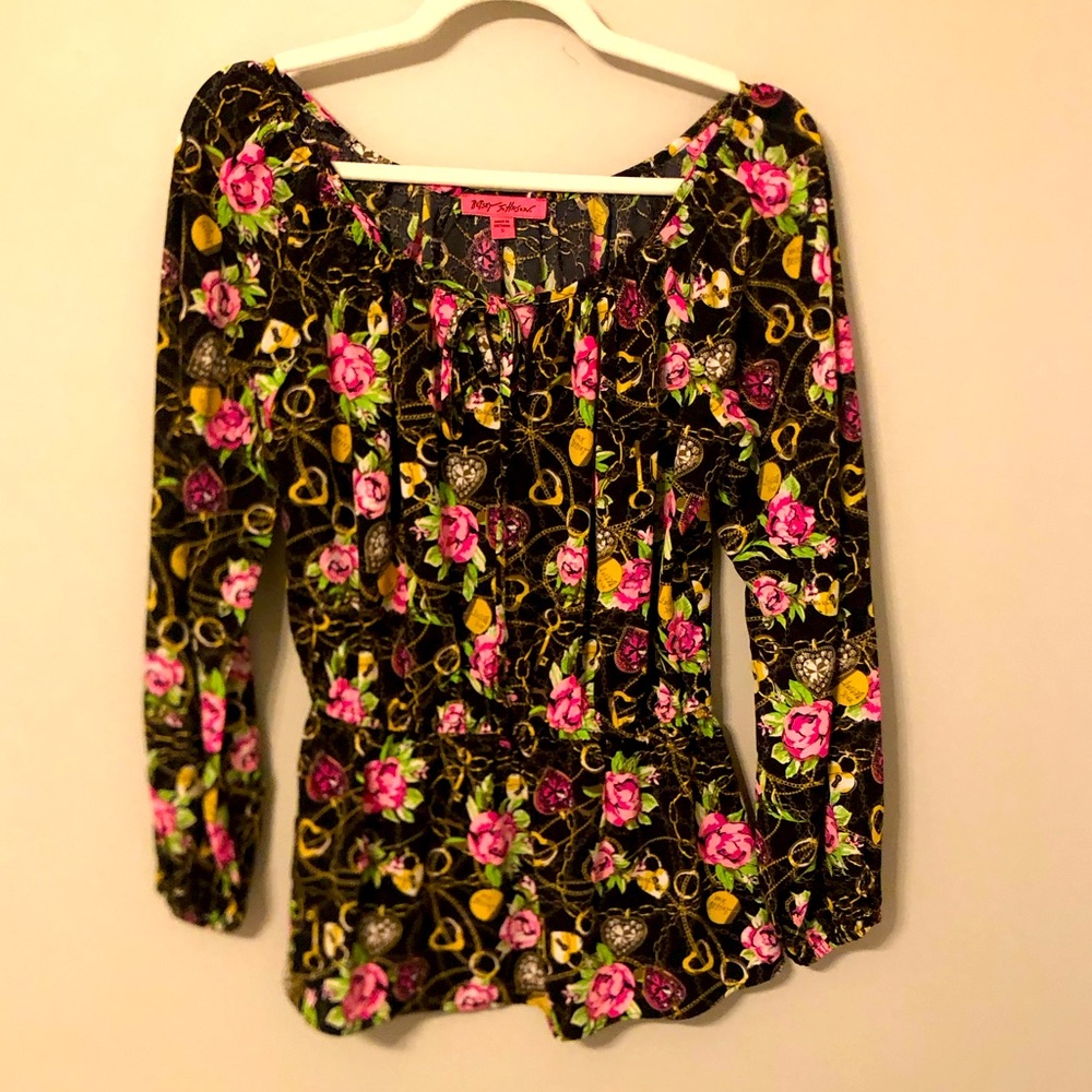 BETSEY JOHNSON Heart Pink & Black Peplum Blouse Sz Small